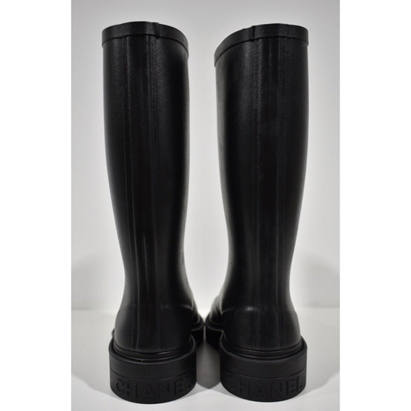 Chanel REV Black White Caoutchouc CC Logo High Pull On Rubber Rain Boots 35 - Picture 11 of 12